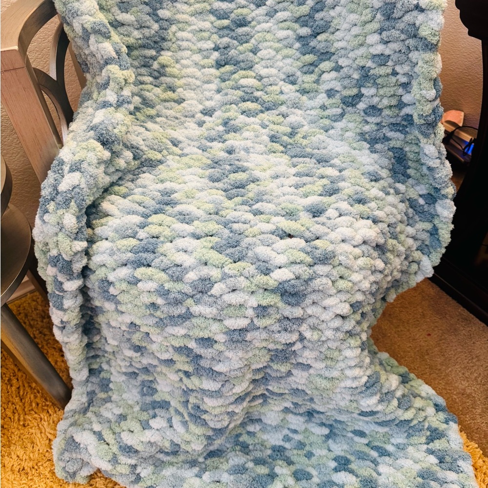 Cozy Blue and Green Hand Crochet Throw Blanket